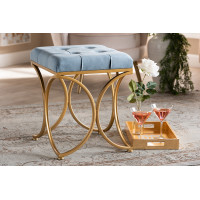 Baxton Studio FJ5A-008-Blue/Gold-Otto Margot Art Deco Inspired Light Blue Velvet Fabric Upholstered Gold Finished Metal Ottoman